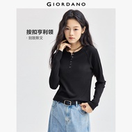 GIORDANO ผู้หญิง  และเสื้อยืด เสื้อยืดคอกลมติดกระดุมแป๊ก แขนเรกแลน แฟชั่นลำลอง เสื้อยืดผ้าริบ 183249