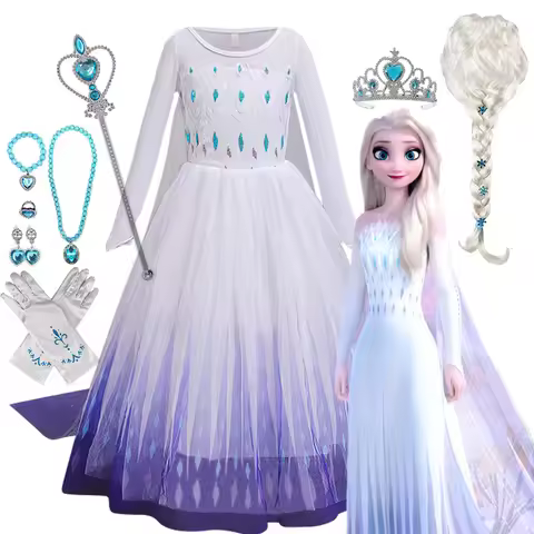 Disney Frozen Elsa Princess Girl Cosplay Dress Snow Queen Full Sleeve Mesh Party Costume Princess Cl