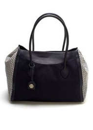 99% new Gold Logo  Tory Burch Navy Canvas Savannah Tote Bag 手袋  Handbag