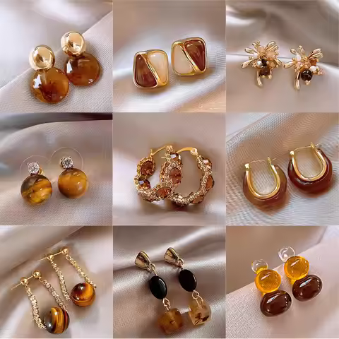PTTOZAN Women Vintage Amber Drop Earring Stainless Steel Jewelry Girls Party Earring