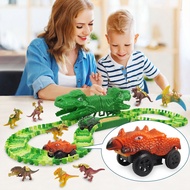 WMMB 163pcs Dinosaur Race Track Toy Set Dinosaur World Flexible Train Track with Buggy Car Roaring Dinosaur for Head  fo