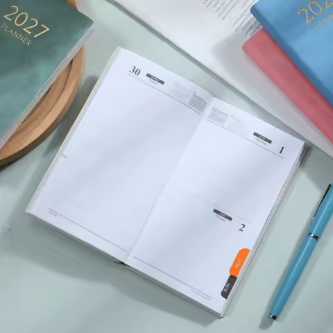 A6 Daily Planner Notebook 2027 with Colorful Month Index Tabs Pocket Notebook PU Leather Travel Plan