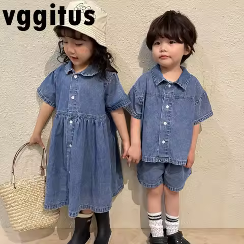 Siblings Matching Outfits Children Summer Cowboy Boy Shirts Shorts Set Girl/Short Sleeve Denim Dress