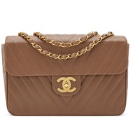 Chanel Taupe Brown Chevron Caviar Maxi Jumbo XL Classic Single Flap Bag Gold Hardware, 1991-1994