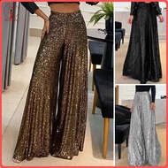 fulaide High Waist Elastic Waistband Straight Full Length Women Pants Club Night Sequins Loose Wide 
