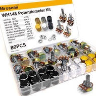 80PCS Kit Potentiometer, WH148 B5K, B10K, B20K, B50K, B100K Potentiometer 3-Pin Single Link 15mm den