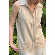 KEMEJA SEDA | FREYA FREYA | Khaki Sleeveless Linen Shirt Top