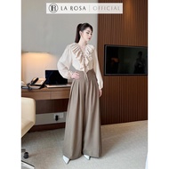 Lady La Rosa Office Set Ruffled V-Neck Long-Sleeved Shirt with Flattering Long Wide-Leg Pleated Pant