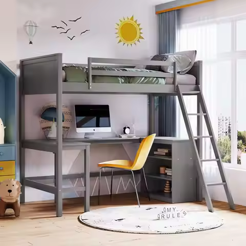 Twin Loft Bed Frame U-Shaped Desk Storage Shelves Guardrails Ladder Slat Support Bedroom Study Gray 