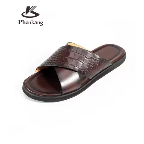 Men's Criss Cross Slide Sandals Croc Embossed PU Leather Summer Casual Slip On Slippers Open Toe Fla