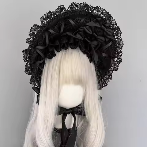 Original Handmade Lolita Black Lace Bonnet Dark Gothic Style Customizable Color