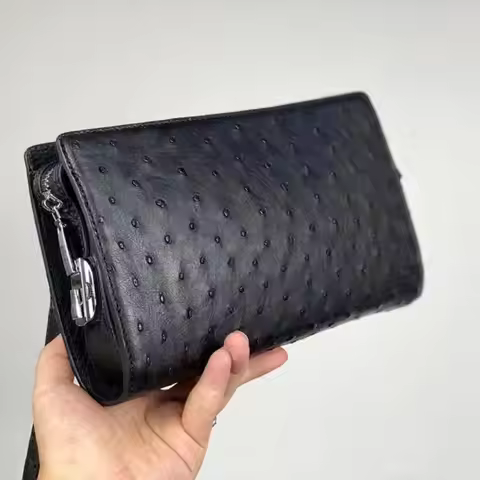 New Fashion Business Men's Clutches Ostrich Skin Wallets Real Leather Long Organizer Wallet Men Bran