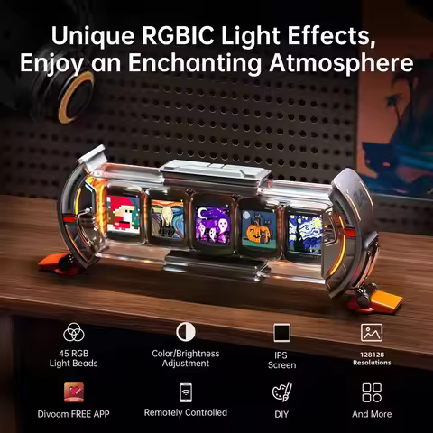 Times Gate 8-bit pixel art game with a retro neon clock smart app control 128x128 IPS screen display