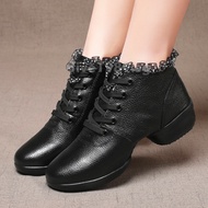 Genuine Leather Dance Shoes Women's Square Sailor Boots Autumn Winter Brushed Soft Sole Jazz Dancing Women Mid-Heel ABC2
