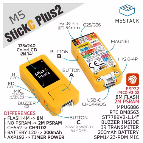 M5Stack Official M5StickC PLUS-PLUS2 with Watch Accessories Mini IoT Development Kit 1.14-inch TFT S
