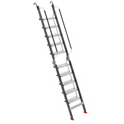 Foldable Aluminum Alloy 10 Step Attic Ladder 9.5ft Step Ladder with Handrails & Hooks for Small Open