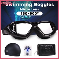 Swimming Goggles With Power Mens Mirror Lens Optional degree Large Frame Anti-Fog Goggle Cap Suit