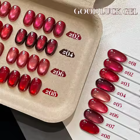 1-8pcs TC 2026 Whitening New Year Fortune Red Luck Cat Eye Gel Nail Polish Wine Red Glass Bead Nail 