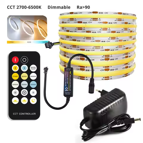 3CCT COB LED Strip Light Kit Tape Linear Lights Tunable 2700K-6500K White Dimming CRI90+ 24V Power S