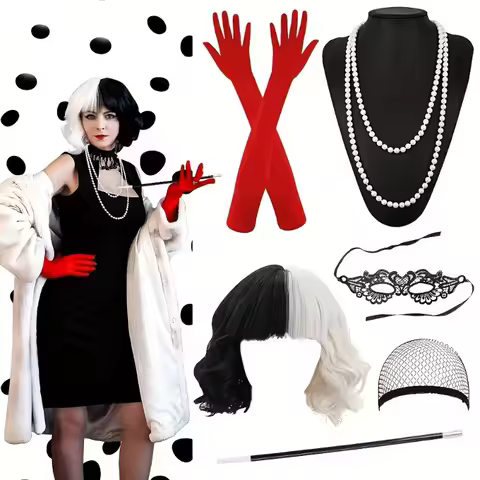 6PCS Spandex Cruella de Vil Cosplay Costume Set with Wig, Gloves, Cigarette Holder for Disney 101 Da