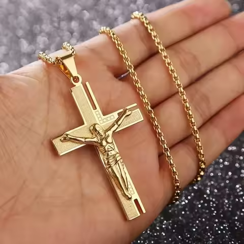 Jesus Christ Cross Mens Necklace Gold Color Cross Religious Pendant Necklace Accessory Chain Accesso