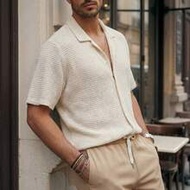 Men's Solid Color Short Sleeve Single-Breasted Shirt And Drawstring Waist Pocket Casual Pants Set Cr