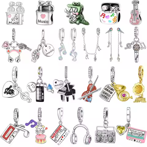 925 Sterling Silver Music Charms Beads Musical note Piano Guitar Headset Earrings Pendants Fit Brace