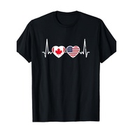Canada USA Heartbeat Flag USA Canada T-Shirt Cotton