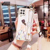 VRQR Luxury Electroplating Silicone Phone Case for Samsung Galaxy A12 A22 4G 5G M32 4G M42 A42 5G M12 F23 Dress Girl Wrist Strap Bracket Silicon Soft Cover with Long Lanyard