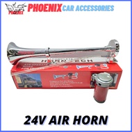 24V Lorry Air Horn Metal Alloy Single Trumpet with Compressor for Truck Car SUV Boat (Shiny Chrome)