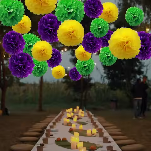 6/18pack Mardi Gras Party Decorations, Purple Green Yellow Tissue Paper Lanterns and Pom Poms for Bi