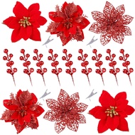 26Pcs Christmas Glitter Poinsettia Flowers Artificial Berry Picks Christmas Tree Ornaments Artificia