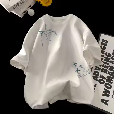 Men's Oversized T-shirts Fashion White 5XL Cotton T Shirt for Men Casual Summer Wear Bird Print Tee 