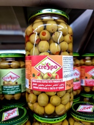 Crespo Green Olives มะกอกเขียว มะกอกไม่มีเมล็ด มะกอกเขียวสอดไส้พริกแดง ในน้ำเกลือ (ตรา ครีสโป) 907g