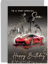 Old English Co. Special Birthday Card for Son - Red Sportscar Son Happy Birthday Greeting Card - Spo