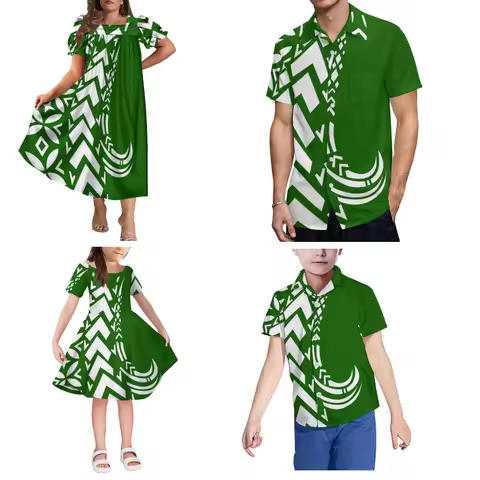 Polynesian Samoan Family Set Women'S Mumu Puffed-Sleeve Dress And Men'S Aloha Shirt Fashionable Chil