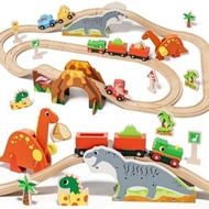Lehoo Castle Wooden Train Set, Dinosaur Wooden Train Track Set, Wood Toy Train Set for Toddlers