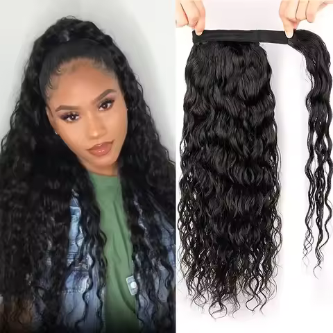 3B 3C Water Wave Ponytail Human Hair Brazilian Kinky Curly Wrap Around Drawstring Ponytail Clip In E
