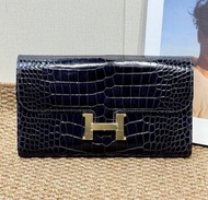 Hermes Constance 錢包 深海藍 金扣 C刻 方塊亮面鱷魚皮