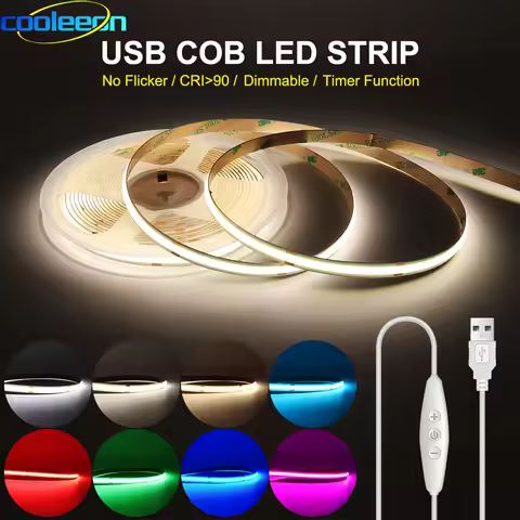 Flexible 5V COB LED Strip with Dimmer USB Powered 1m 2m FCOB LED Tape TV Light Bar Dimmable RA 90 Wa