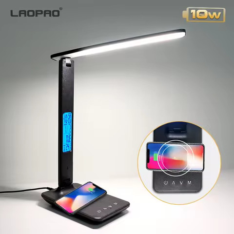 LAOPAO 10W QI Wireless Charging LED Desk Lamp With Calendar Temperature Alarm Clock Eye Protect Stud