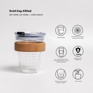 SWANZ Swirl Cup 450ml - Coffe Tea Glass Cup with Lid, Travel Cup, Measuring Cup, Glass Tumbler Heat 