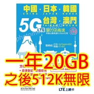 Lucky2 中國 日本 韓國 台灣 澳門365日5G 20GB 之後降速512K無限上網數據卡Sim卡電話咭data