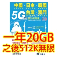 Lucky2 中國 日本 韓國 台灣 澳門365日5G 20GB 之後降速512K無限上網卡數據卡 Sim卡電話卡電話咭data