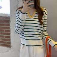 Msia Ready Stock🔥T2308 Korean Collar Striped Knitted Shirt
