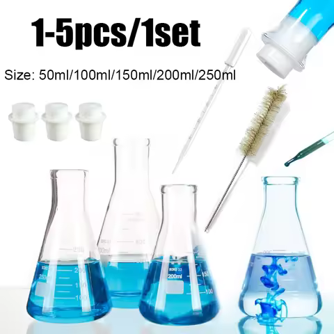 50ml/100ml/150ml/200ml/250ml Narrow Mouth Glass Erlenmeyer Flask Set15-68mm Silicone Stoppers for La
