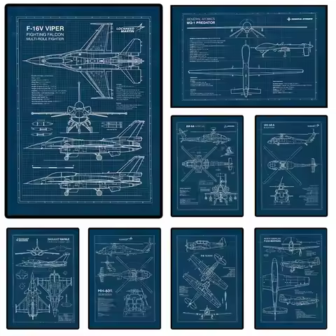 Fighter Jet Airplane Aviation Blueprint Poster F-16 Fighting Falcon F-22 Raptor American Aircraft Ca