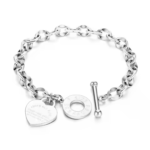 1pc Stainless Steel Bracelet With Heart Pendant, OT Buckle Couple Bracelet Unisex