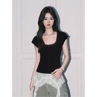 <[CDATA[Short Sleeve T-Shirt | 92% Cotton/8% Spandex | Square Neck & Lace Trim]]>