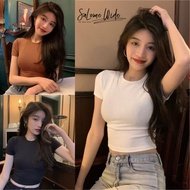 [Ready Stock] 1164 INS Women Crop Top T-shirt Shirt Basic Casual Plain Round Neck White Black Brown